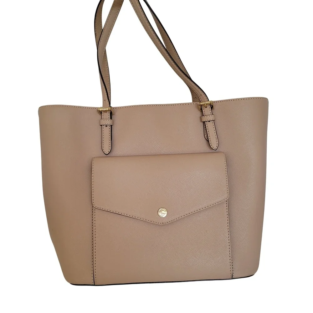 Michael Kors Jet Set Travel Saffiano Leather Tote Bag Beige Tan Gold Hardware
